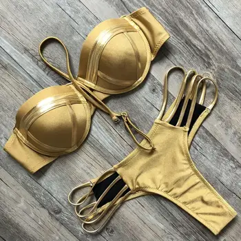 Zlaté Ražby Bikini Set Sexy Čalouněný 2019 Ženy, Plavky Push-Up Bandeau Plavky Letní Plážové Oblečení Brazílii Plavky