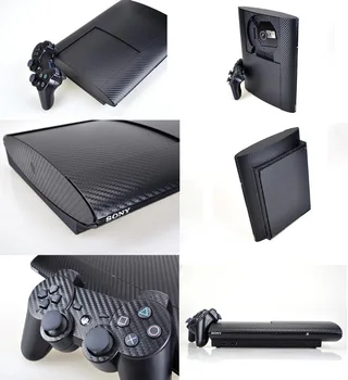 Černé Uhlíkové Vlákno, Vinyl, Kůže, Nálepky Protector pro Sony PS3 Super Slim 4000 a 2 regulátor kůže Samolepky